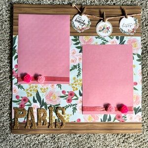 Hand made 12x12 scrapbooking page. Wooden, metallic & ribbon accent’s.